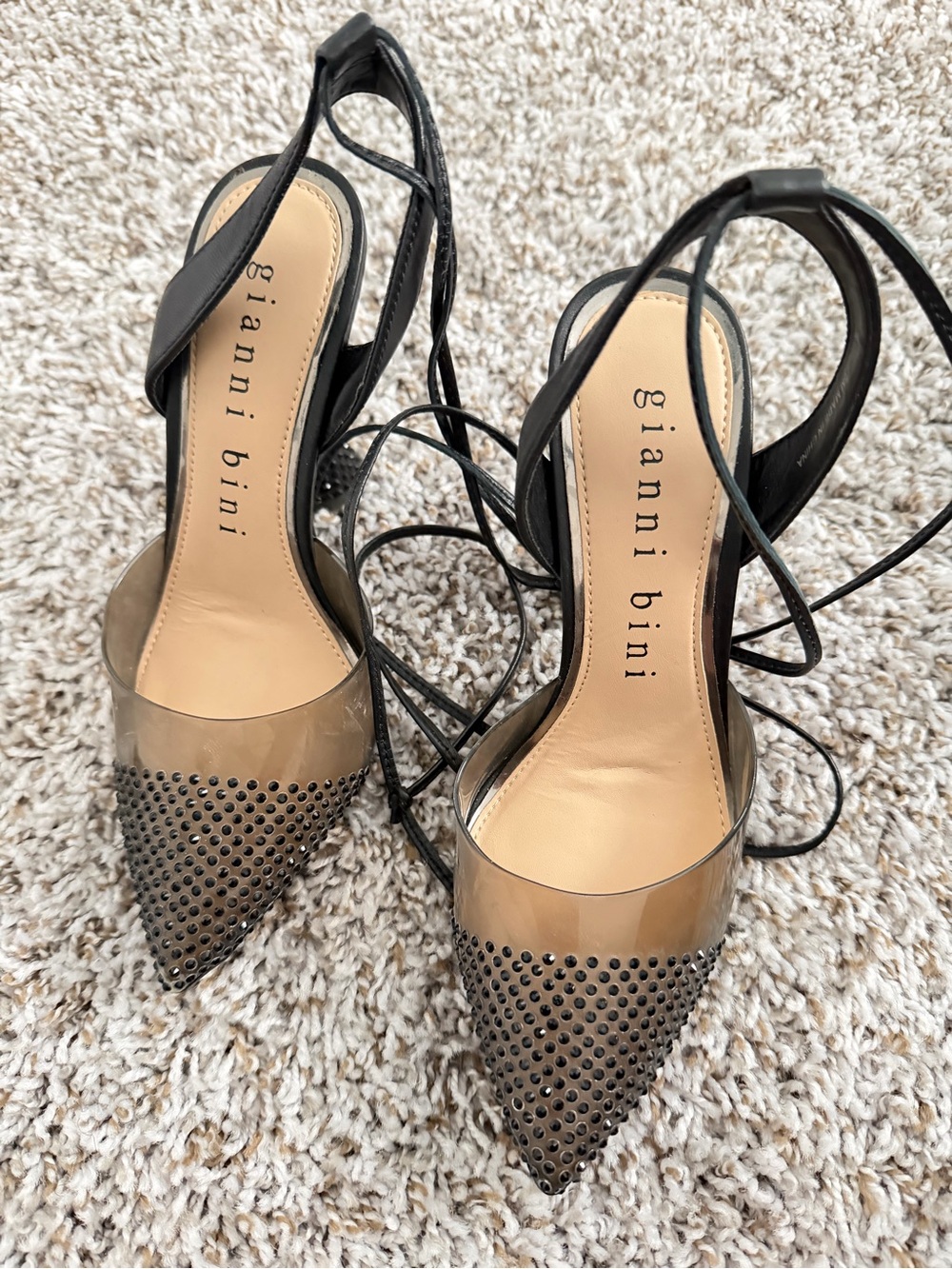 Gianni Bini Black Clear Pointed Toe Lace-Up Heels